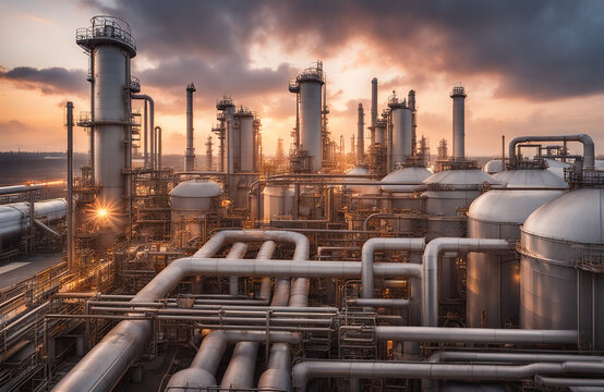 Oil Refinery Plant Form Industry Zone With Sunrise And Cloudy Sky. Equipment Steel Pipes Plant