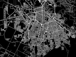 Vector road map of the city of  Heroica Matamoros in Mexico with white roads on a black background.