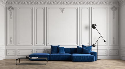 Classic white interior with moldings, blue sofa, wood floor and decor. 3d render illustration mockup.