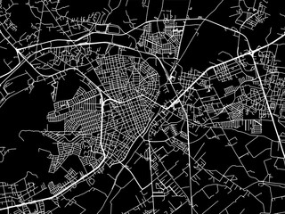 Vector road map of the city of  Lagos de Moreno in Mexico with white roads on a black background.