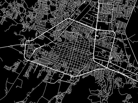 Vector road map of the city of  Iguala de la Independencia in Mexico with white roads on a black background.