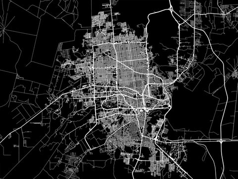 Vector road map of the city of  Hermosillo in Mexico with white roads on a black background.