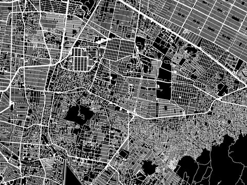 Vector road map of the city of  Iztapalapa in Mexico with white roads on a black background.