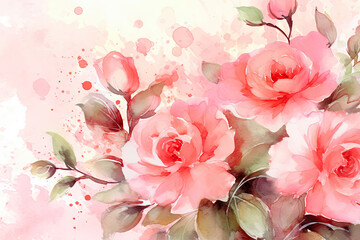 Beautiful watercolor pink roses background, decorative wallpaper