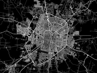 Vector road map of the city of  Merida in Mexico with white roads on a black background.