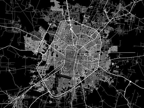 Vector road map of the city of  Merida in Mexico with white roads on a black background.