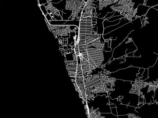 Vector road map of the city of  Rosarito in Mexico with white roads on a black background.