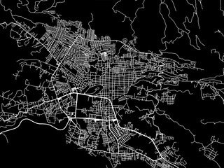 Vector road map of the city of  San Cristobal de las Casas in Mexico with white roads on a black background.