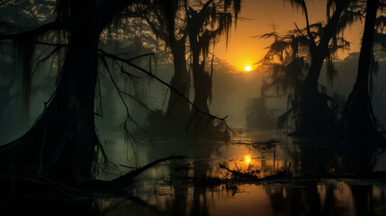 An eerie fog-covered swamp at night, stagnant water, with ancient trees with moss-draped branches.