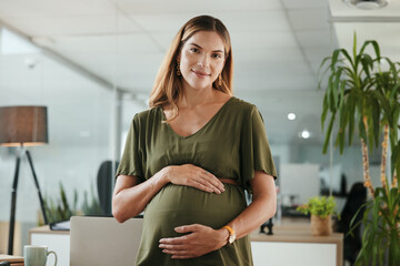Portrait, stomach and a pregnant business woman in her office at the start of her maternity leave from work. Company, belly and pregnancy with a happy young employee in the workplace for motherhood - obrazy, fototapety, plakaty