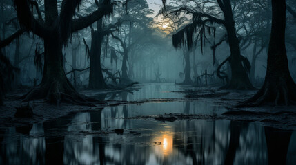 An eerie fog-covered swamp at night, stagnant water, with ancient trees with moss-draped branches.