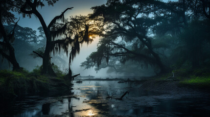 An eerie fog-covered swamp at night, stagnant water, with ancient trees with moss-draped branches.