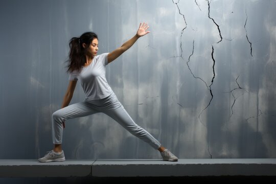 Young woman doing a yoga inversion pose, supported by a wall, Generative AI