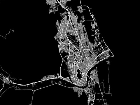 Vector road map of the city of  Tampico in Mexico with white roads on a black background.