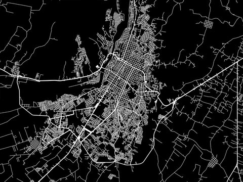Vector road map of the city of  Tapachula in Mexico with white roads on a black background.