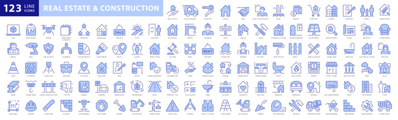 Real Estate and Construction Blue Thin Line icons set. Real Estate and Building Coloured outline Style icons. House Sale and Purchase, Builder, Renovation, Rent, Contract, Realtor. Vector Illustration