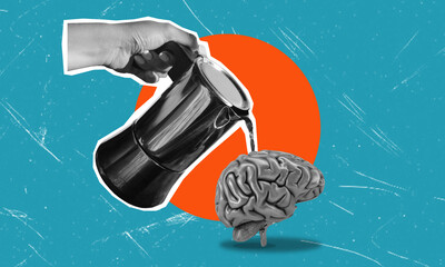 Contemporary Artistic Collage with an Image of a Brain and a Hand Holding a Coffee Pot.