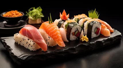 Foto op Plexiglas Close up photography of a sushi on a slate plate. Food photography © Daniil