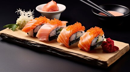 Close up photography of a sushi on a slate plate. Food photography