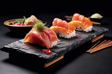 Close up photography of a sushi on a slate plate. Food photography - obrazy, fototapety, plakaty