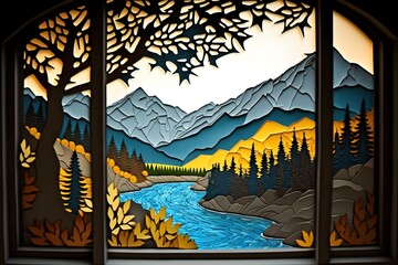 mountainous landscape trees river view from a windows papercutting bright colors 