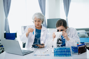 Naklejka premium Medical team having a meeting Dctor work on digital tablet healthcare doctor technology tablet using computer in laboratory study with vr icon