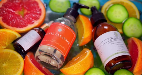 Product, skincare or advertising for brand, cosmetics and natural ingredients for wellness, healthy skin or fruit. Fresh, organic and vegan with water, hydrated or clean for beauty, vitamin c or glow