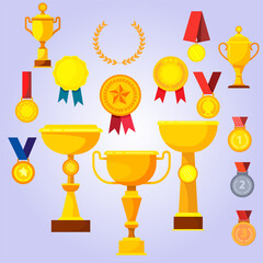 vector gold cups and awards flat illustrations set. collection of golden trophies and medals for winners isolated