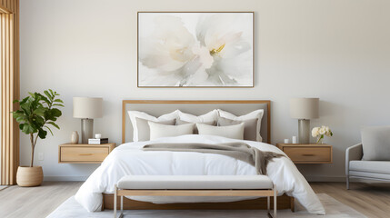 Serene bedroom with white linens and muted wall art