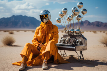 A futuristic pianist dressed in an orange suit is sitting looking at the camera in a desert next to his piano. Science fiction style, Image created with AI.