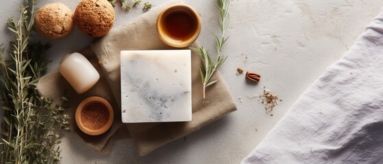 Obraz na płótnie Canvas Embrace a moment of self-care with a flat lay aerial view featuring handcrafted soap, a plush towel, and calming incense, all thoughtfully arranged on a textured stone surface