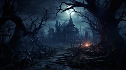 haunted house in the night with . scary scene for festive Halloween decoration