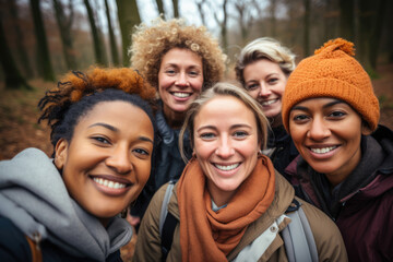 Multiracial multi ethnic group of smiling satisfied women selfie - obrazy, fototapety, plakaty