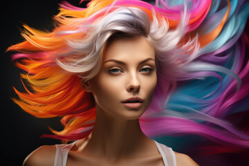 Beauty fashion portrait of a woman with rainbow-dyed hair
