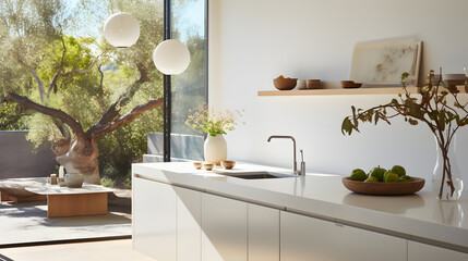 Airy white kitchen with solitary fruit bowl and pendant light