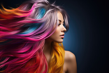 Beauty fashion portrait of a woman with rainbow-dyed hair - obrazy, fototapety, plakaty