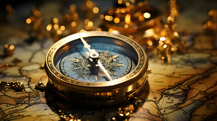 Golden compass on treasure map with surrounding gold pieces
