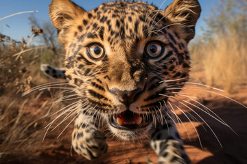 Naklejka premium Young funny running leopard, predator on the hunt