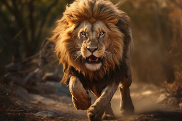 Running angry lion hunting his prey - obrazy, fototapety, plakaty
