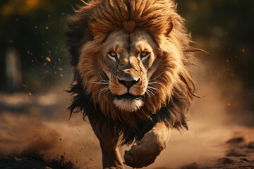 Fototapeta premium Running angry lion hunting his prey