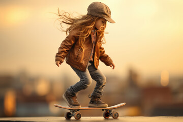 Little girl skateboarding in park - obrazy, fototapety, plakaty