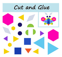  Educational paper game for kids. Cut parts of the image and glue on the paper. Cartoon butterfly.