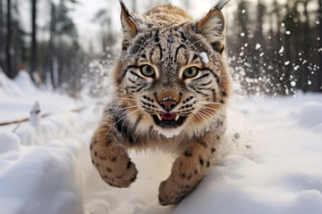 Young lynx, a predator hunts, runs through the snow