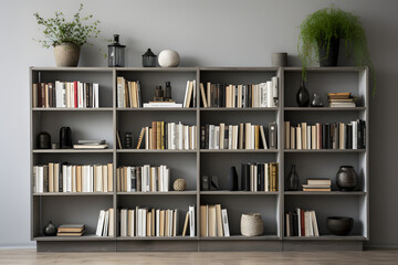 Fototapeta premium Open bookshelf against gray wall with monochrome book collection