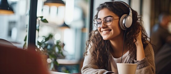 Teenage girl wearing glasses listening to audiobook with headphones and enjoying music at coffee shop while studying With copyspace for text - obrazy, fototapety, plakaty
