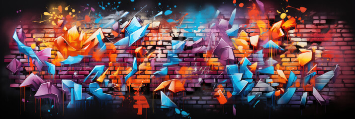 Colorful abstract graffiti on a city wall, street art. Horizontal banner