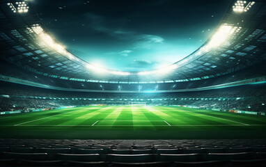 A soccer stadium, illuminated by powerful floodlights and bathed in beams of light, comes alive...