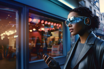 Confident Businesswoman in AR Glasses in Vibrant Metaverse Cityscape