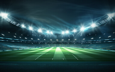 A soccer stadium, illuminated by powerful floodlights and bathed in beams of light, comes alive under the night sky.
