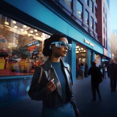 Confident Businesswoman in AR Glasses in Vibrant Metaverse Cityscape